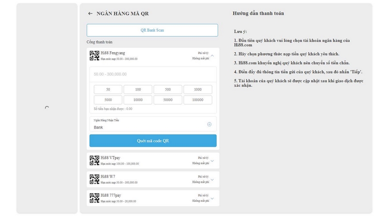 Nạp tiền Hi88 qua quét mã cũng được nhiều người lựa chọn